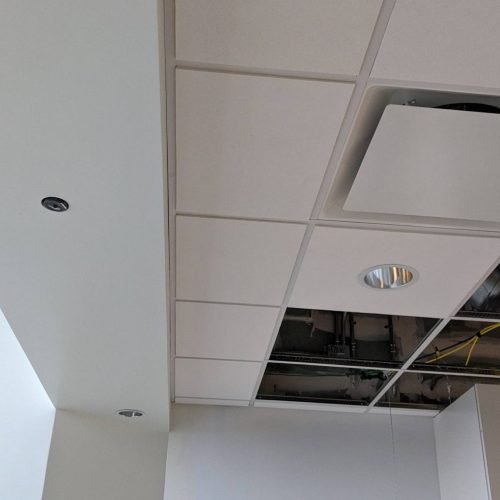 Acoustical Ceiling Installation – Dallas Commercial Interior Suspended acoustical ceiling grid with acoustic tiles installed in a Dallas commercial office